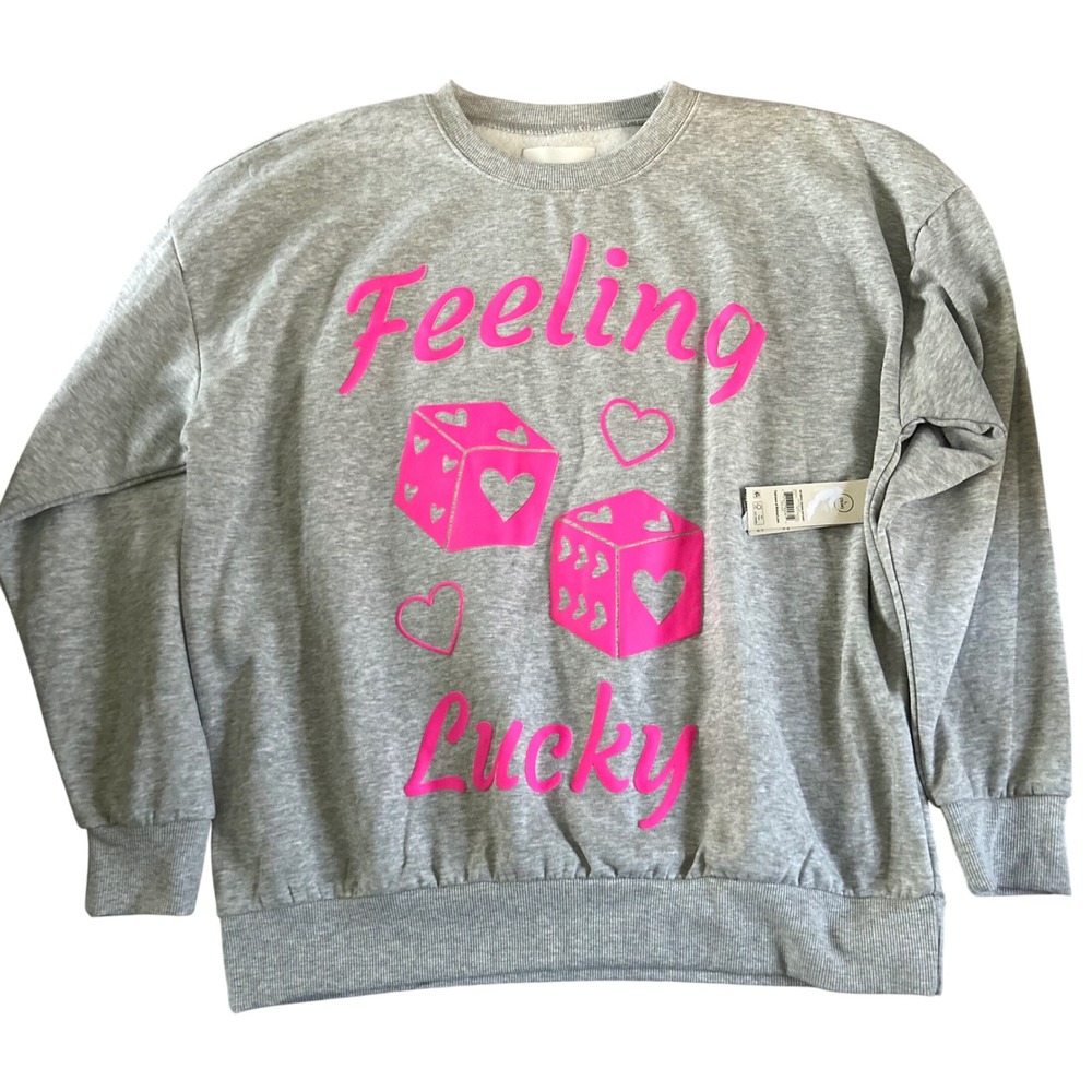 No Boundaries "Feeling‎ Lucky" Crewneck Women's Size Large (12-14) Gray Shirt